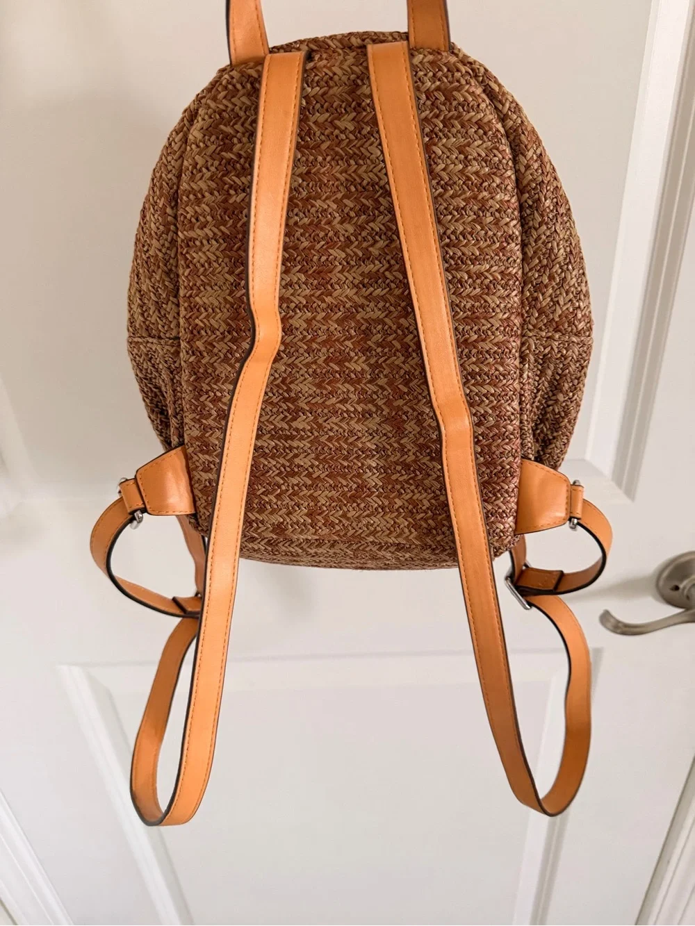 Vera Bradley Brown Straw Mini Backpack with Pink Strawberry Embroidery